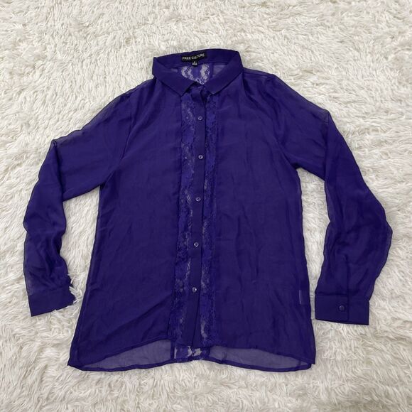 FREE CULTURE Sheer lace Top Button Up Shirt Women L Fairy Boho Whimsy Romantic - Picture 16 of 16
